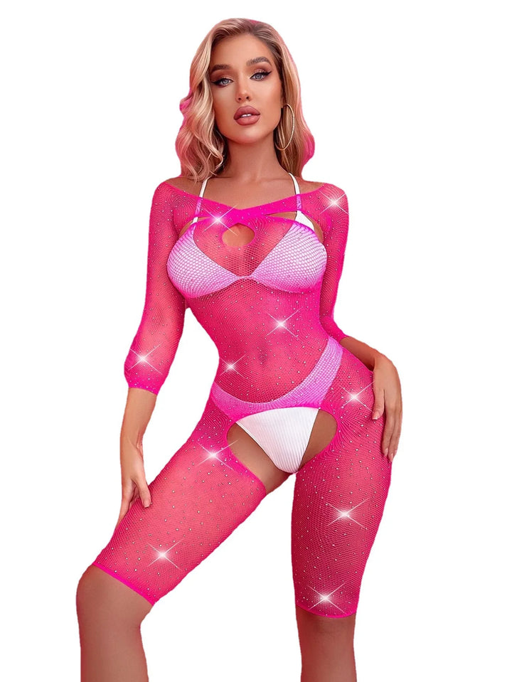 2024 Rhinestone Crotchless Body Stocking Women Sexy Mesh Sheer Bodysuit Fishnets Bikini Body Doll Femme Lingerie Sexy
