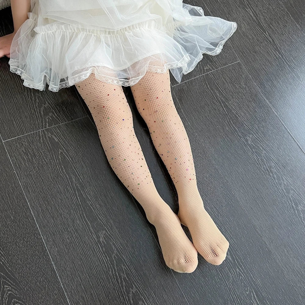 Crystal Rhinestone Fishnet Stockings for Baby Little Girls Shiny Colorful Diamond Gem Pantyhose Candy Color Tights