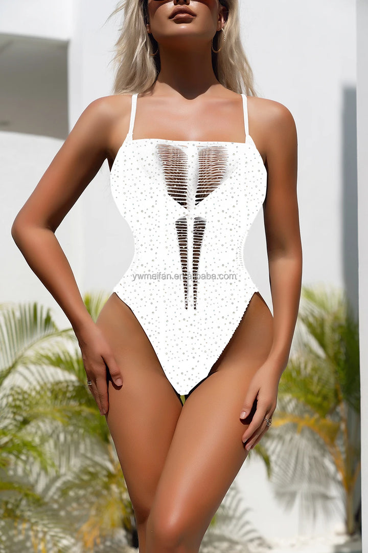 Wholesale Luxury Shiny Mesh Bodysuit for Women Sensual Bikini Lingerie Rhinestone Bodystocking Nightgown