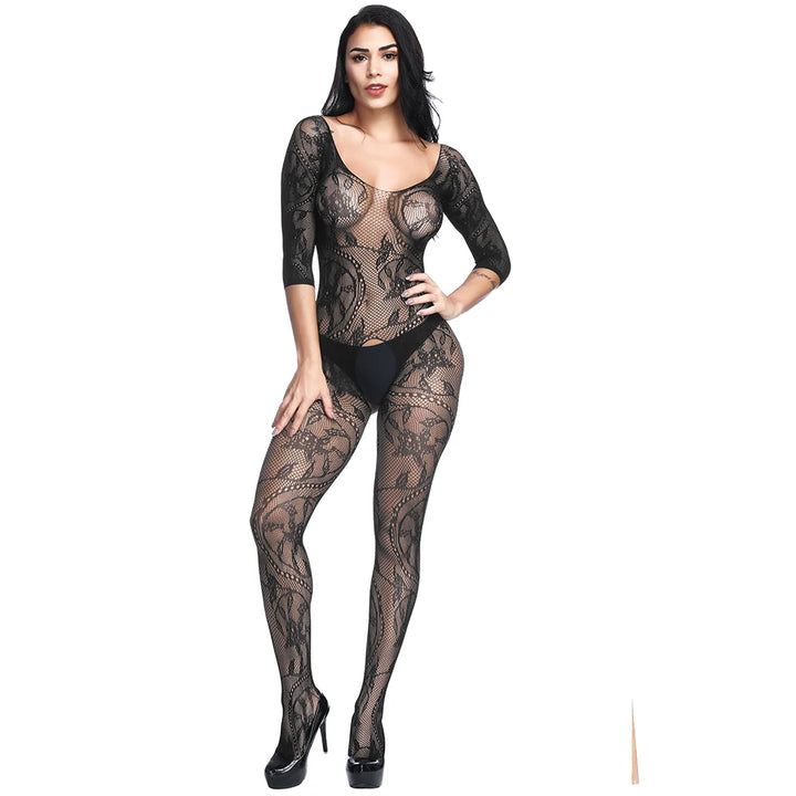Vintage Full Body Erotic Lingerie Dancewear Femme Sexy Crotchless Bodysuit Black Lace Cutout Transparent Bodystocking