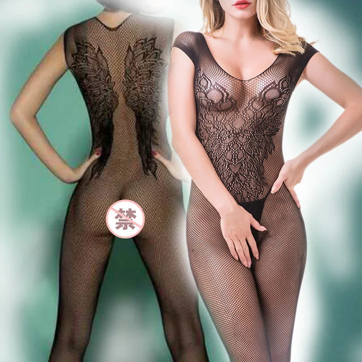 China Vendors Lingerie Femme 2023 Strap Lace Nylon Wings Printed Fishnet Body Stockings Lingerie Bodysuit Babydoll Chemise