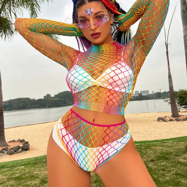 Lingerie Manufacturer  Rainbow Fishnet Women's Underwear Wholesale Bodysuits Exotic Costumes Bodystocking Transparent