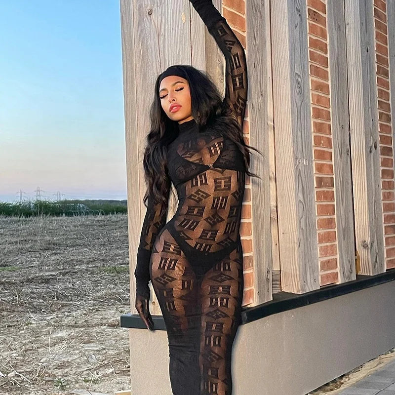 LOGO Designer Sexy Fishnet Stockings Lingerie Women Sexy Transparent  Bodystocking Jumpsuit Long Sleeve Bodysuits
