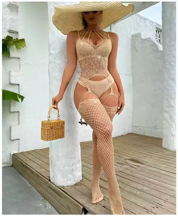 Women Sexy Lingerie Costume Erotic Nightwear Body Stocking Halter Rhinestone Hollow Out Fishnet Nude Bodystockings Tz692
