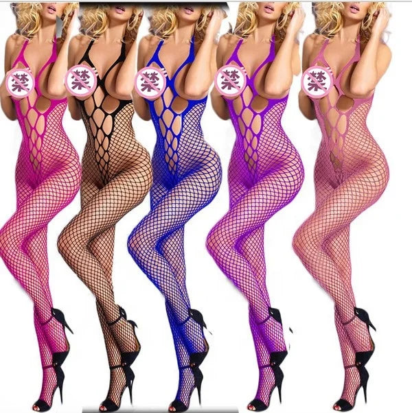 Sexy Fishnets Nylon Bodystocking Lingerie for Women Plus Size Sexy Breastless Stockings Full Body Hollow Out Bodysuits