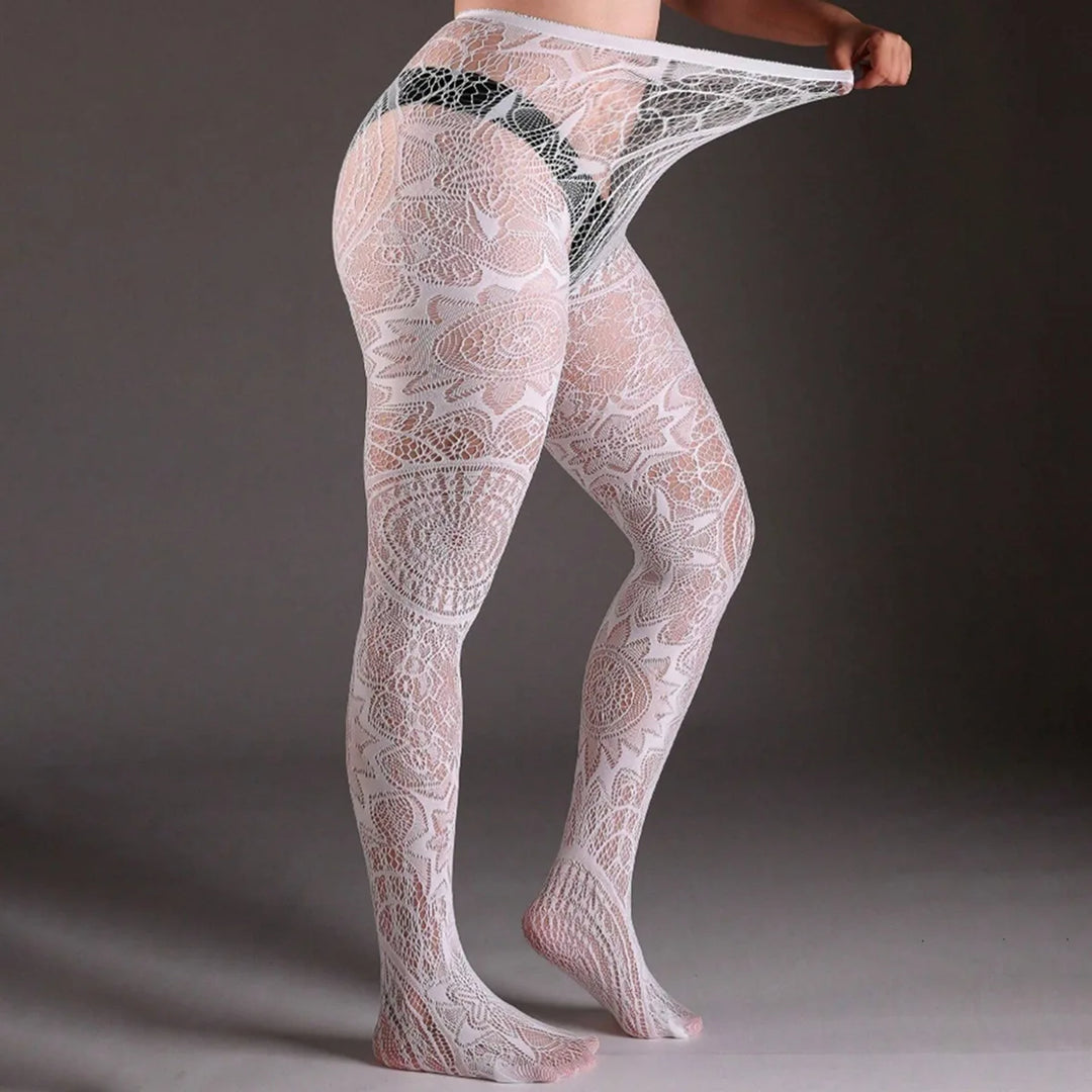 Women's Thin Jacquard Stockings Hollow Abstract Pattern Fishnet Pantyhose Tights Plus Size Transparent Knitted Hosiery