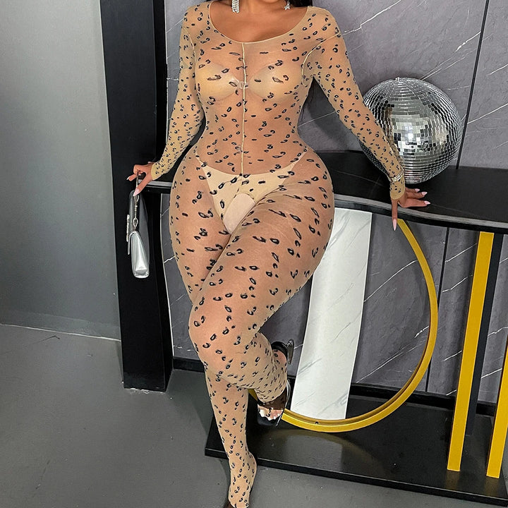 Exotic Leopard Print Long Jumpsuits Silk Bodysuits Women's Sexy Nightclub Open Crotch One-piece Mesh Lingerie SY06