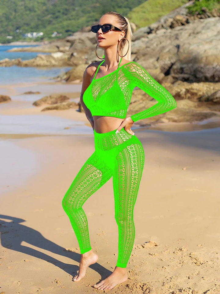 Two Piece Bodysuit Set Fishnet Bodystocking Off Shoulder Long Sleeve Tops and Pantyhose One Size Fits All Lingerie