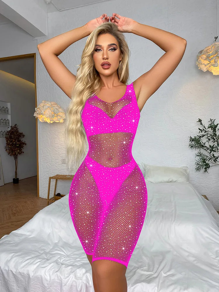 Crystal Rhinestone Stocking Women's Clothing Sexy Fishnet Pantyhose Lingerie Stockings Femme Sexy Crotchless Bodycon