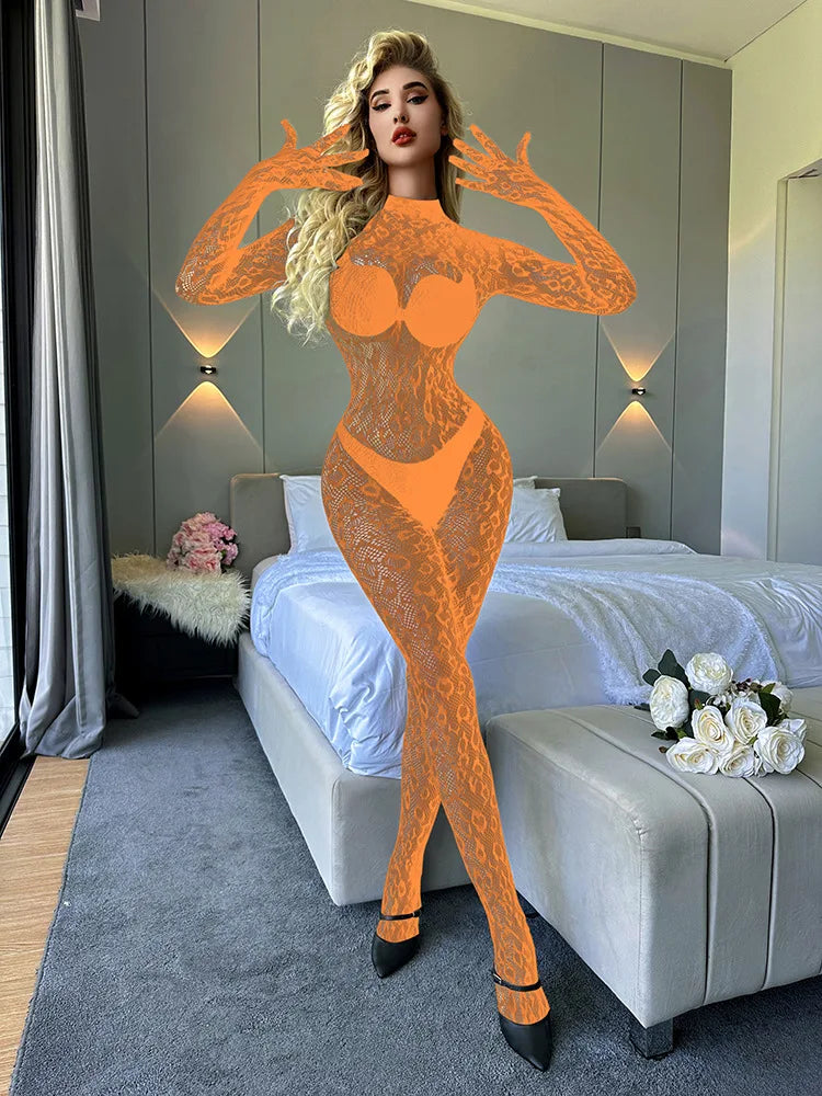 Spandex Nylon Lingeries Set Animal Print Leopard Full Body Stockings Sexy Fishnet Bodysuits Onesie Fishing Net Bodystocking