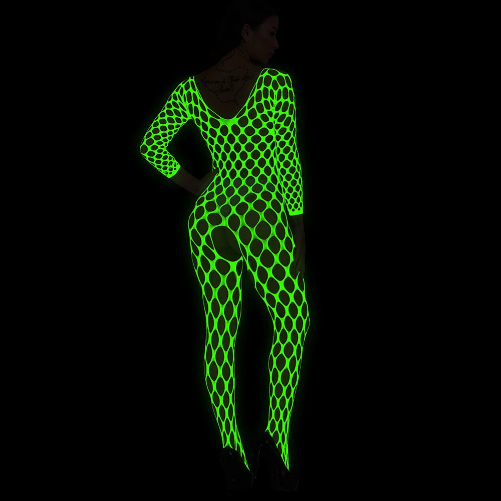 Luminous Fishnet Stockings Full Body Women Glow in Dark Lingerie Femme Sexy Crotchless Party Dancewear Bodystocking