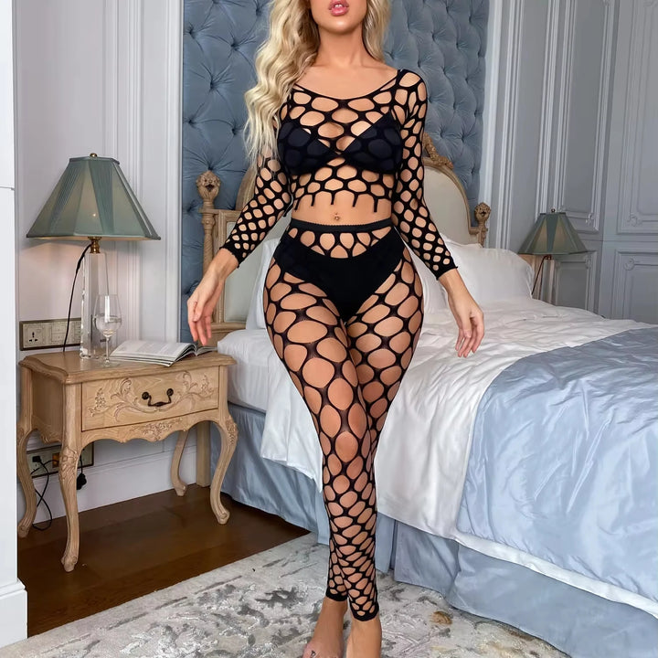 Women's Sexual Black 2 - Pcs Set Full Body Stocking Neck Hanging Halter Lingerie See-Through Lingerie Sexy Femme