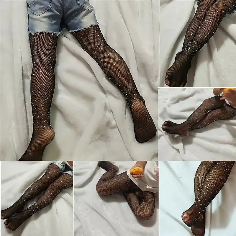 Children Rhinestone Fishnets Pantyhose White Diamond Sparkle Stockings Baby Costumes Cotton Crotch Fishnets Socks