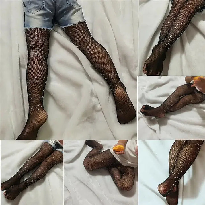 Children Rhinestone Fishnets Pantyhose White Diamond Sparkle Stockings Baby Costumes Cotton Crotch Fishnets Socks