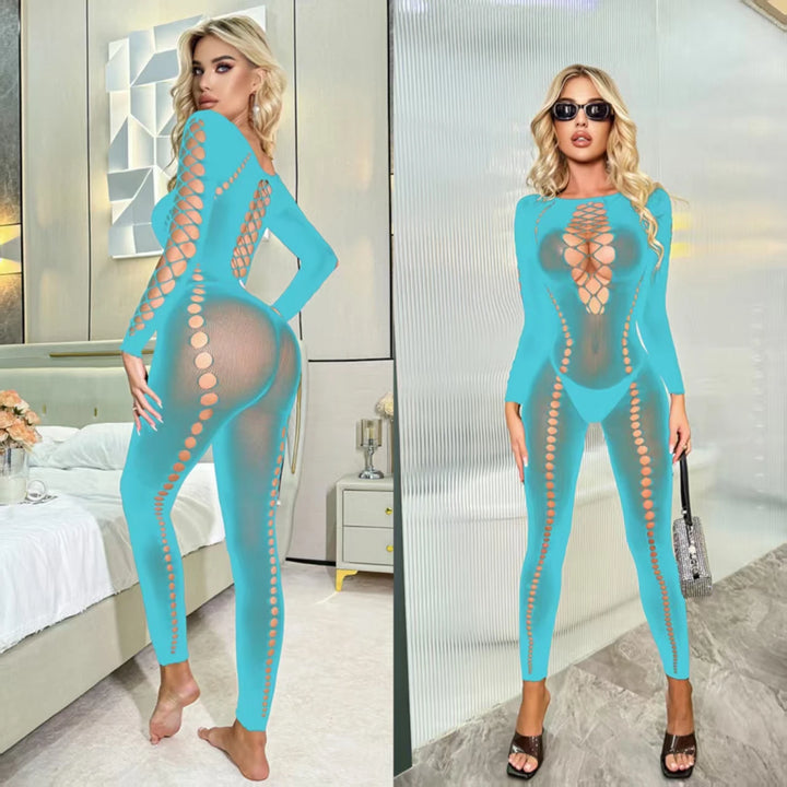 Long Sleeve Sexy Body Stocking Lace Hollow Out Bodysuit for Women Bodycon Jumpsuits One Size Fits All K038