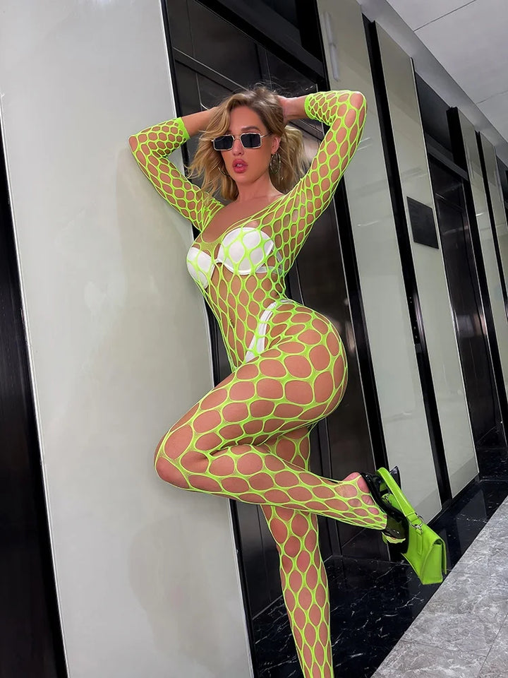 Popular Women's Sexy Long Sleeve Mesh Sheer Bodysuit Fishnets Nylon Stockings Full Body Women's Erotic Black Bodysuit