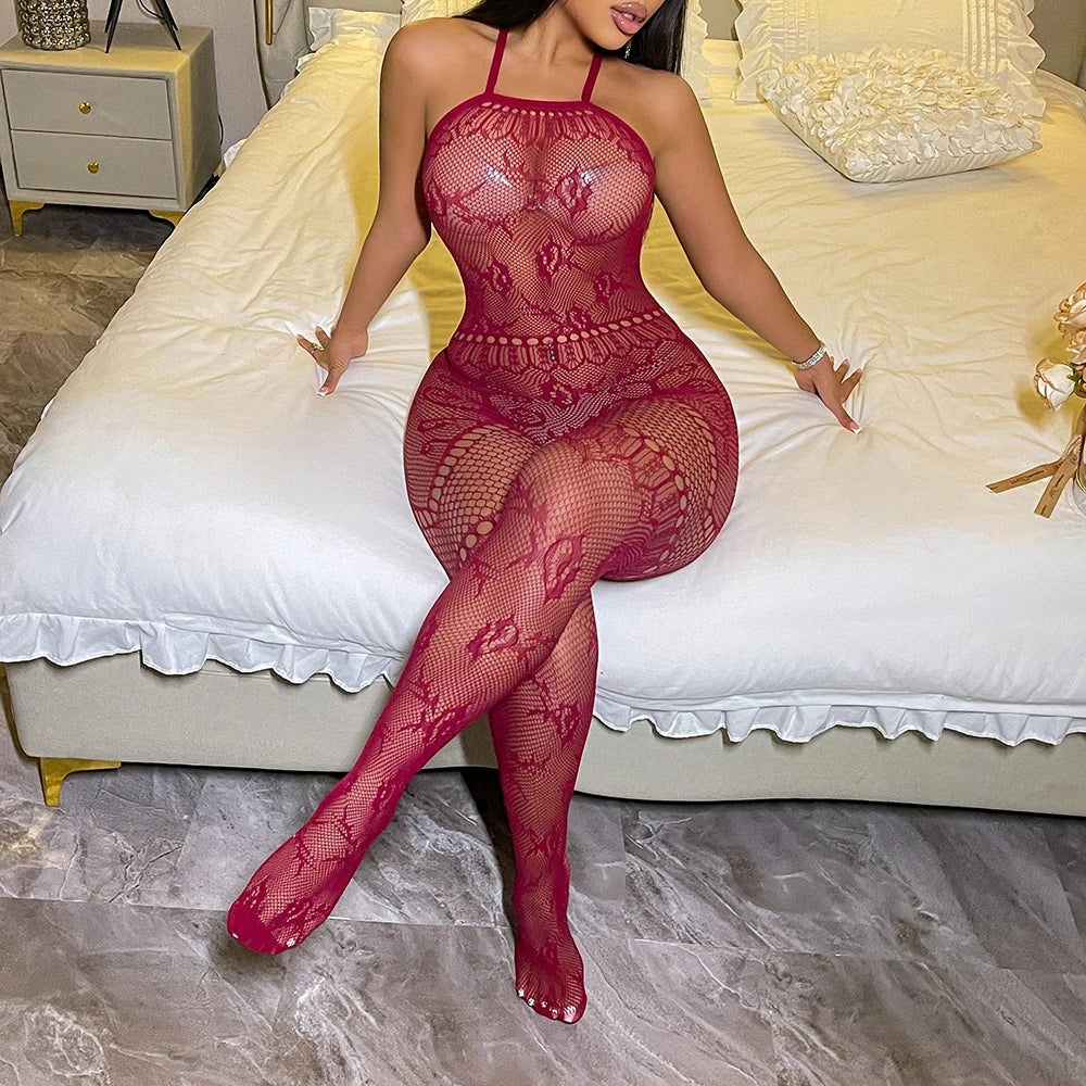Women's Sexy Nylon Body Stockings Halter Fishnet Bodysuit Exotic Club Rave Dancer Outfits for Glow Party W837