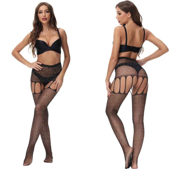 2024 INS Rhinestone Stocking Sexy Cutout Lace Silk Stockings Womens Sexy Lingerie Bra Nylon Fishnet Pantyhose Tights