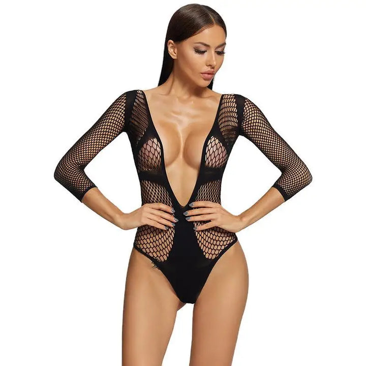 2023 Ins Fashion Stretch One Piece Open Bra Teddies Bodysuits Body Stocking Hollow Out Mesh Fishnet Lingerie Bodysuit