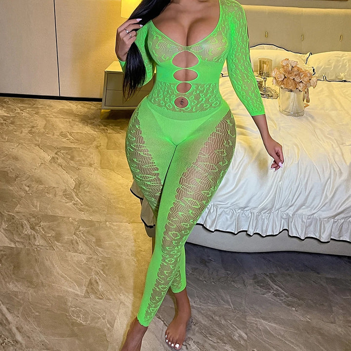 Woman Sexy Plus Size Body Stockings Mesh Sheer Transparent Bodystocking Long Sleeve Bodysuit Fishnet Pantyhose/Tights