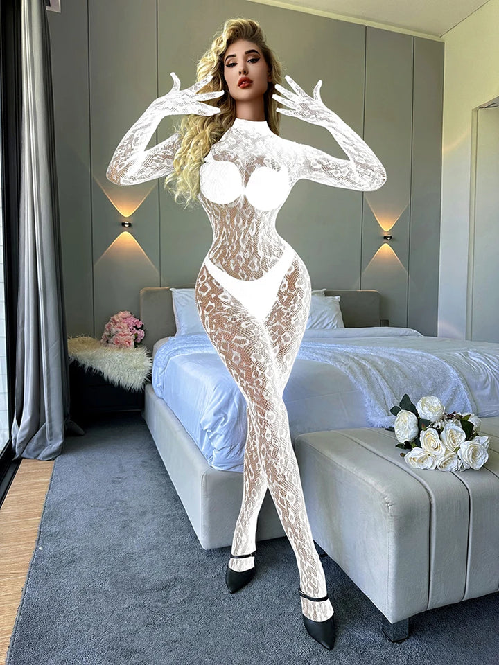 Wholesale New Leopard  Sexy Fishnet Bodystocking  Long Sleeve Bodysuit With Backless Design See Through One Piece Jumpsuit Women