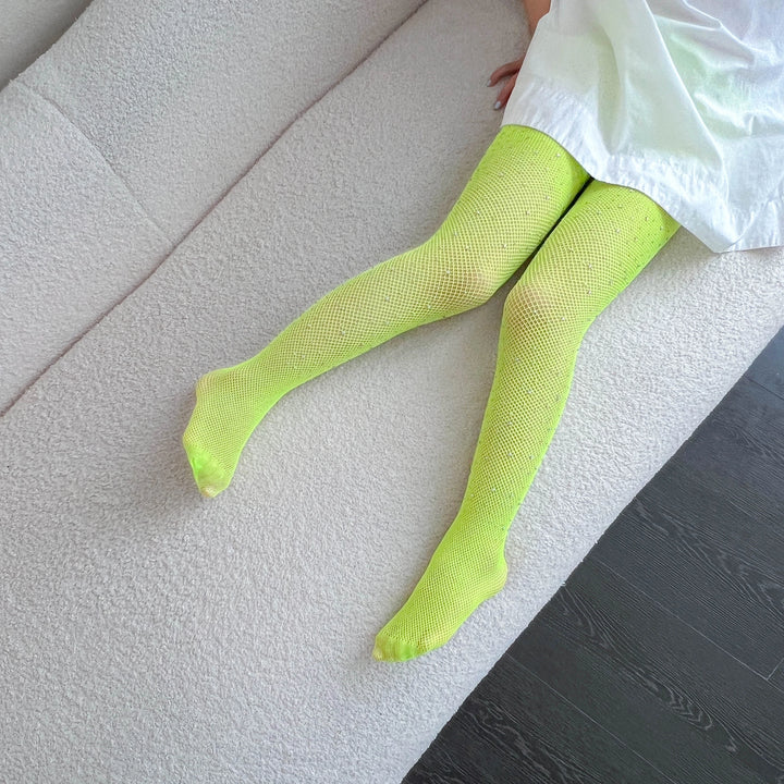 Small Weft Children's Rhinestone Fishnet Stockings White Diamond Shiny Litter Girls Pantyhose Tights Candy Color Socks