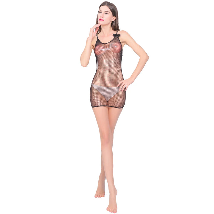 Hot Sales Women Sexy Fishnets Designer New Solid Color Mesh Lingerie With Bow Strap Cutout Bodystocking Dresses