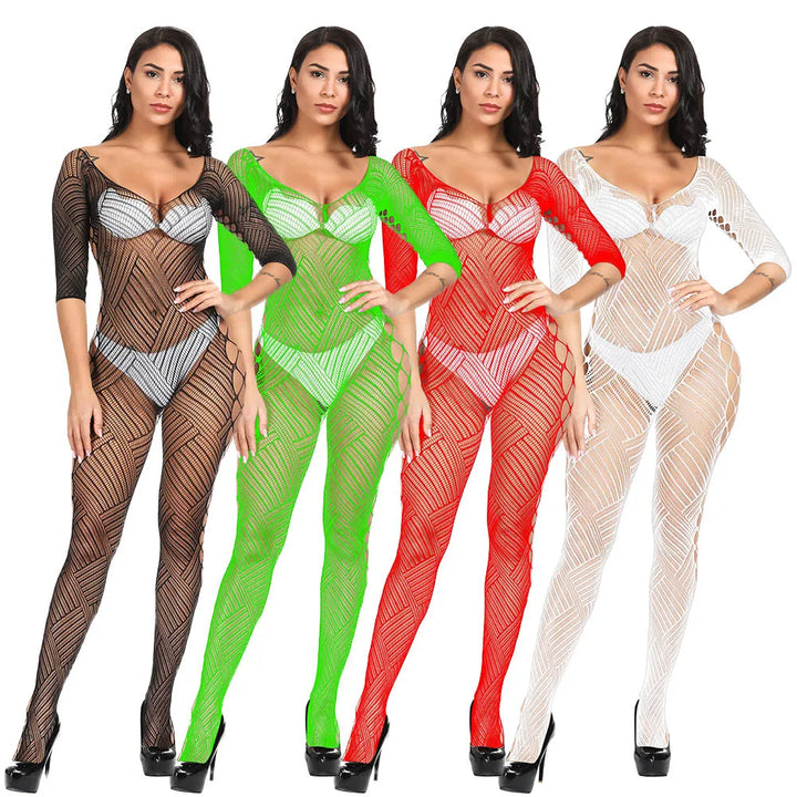 Nylon Fishnet Stockings Full Body Women Erotic Lingerie Open Crotch Bodysuits Sexy Cutout Transparent Bodystocking