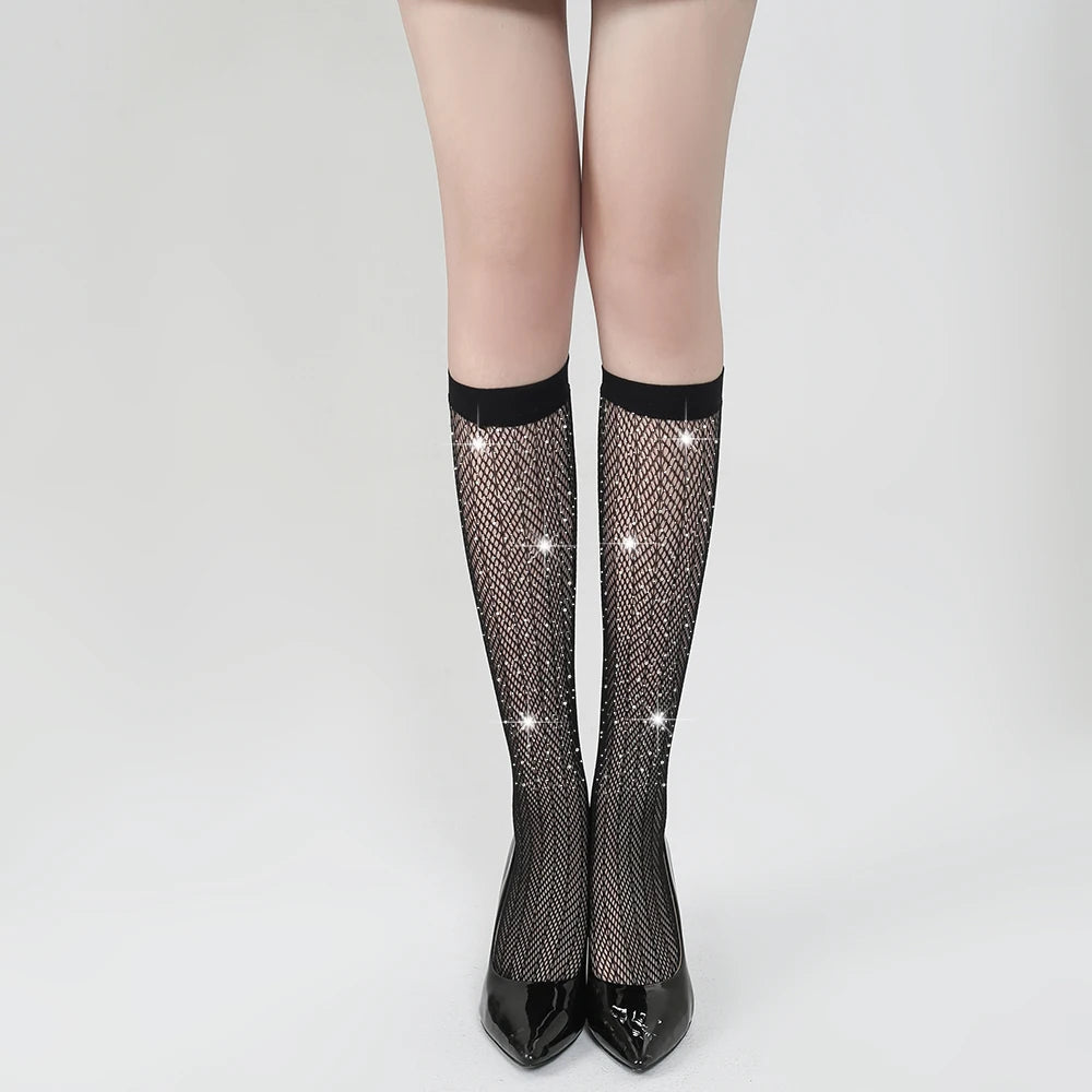 Sexy Rhinestone Nylon Fishnet Long Socks Fashion Decor for Women's Clothing Nylon Hosiery Stockings Lingerie Femme