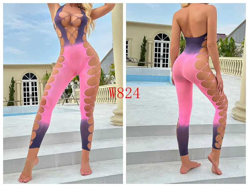 2025 New Colorful Gradient Two-Color Stretchy  Fishnet Body Stocking Plus Size Sexy Lingerie Bodycon Evening Dress