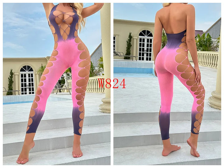 2025 New Colorful Gradient Two-Color Stretchy  Fishnet Body Stocking Plus Size Sexy Lingerie Bodycon Evening Dress