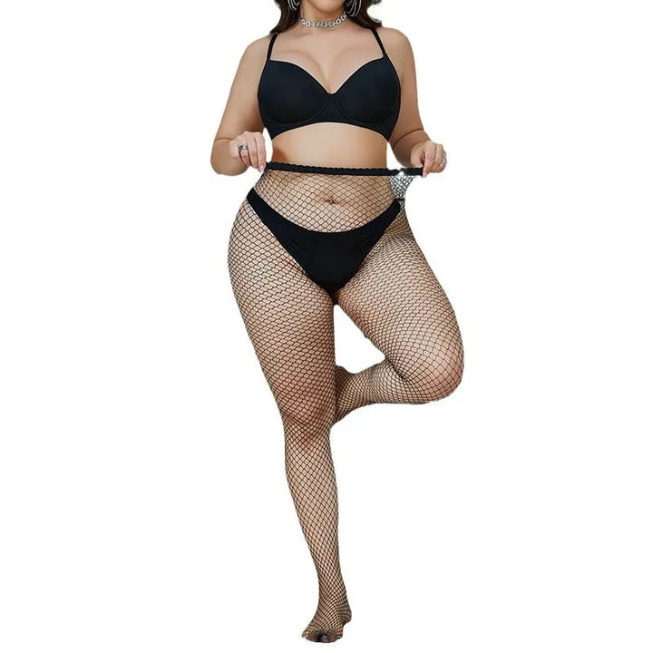 Plus Size Fishnet Pantyhose/Tights for Chubby Women Sexy Nylon Hosiery Fishnet Stockings Elastic Translucent Pantyhose