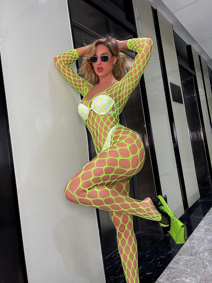 Women Nylon Sexy Lingerie Floral See Through Open Crotch Body Stocking One-piece Fishnet Bodysuit Teddy Underwear