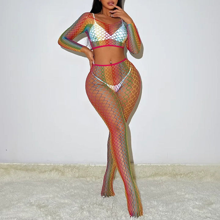 2023 Hot Rainbow Color Bodystocking Women Sexy Lingerie Fishnets Summer Vacation Outfit Hollow Sheer Stockings