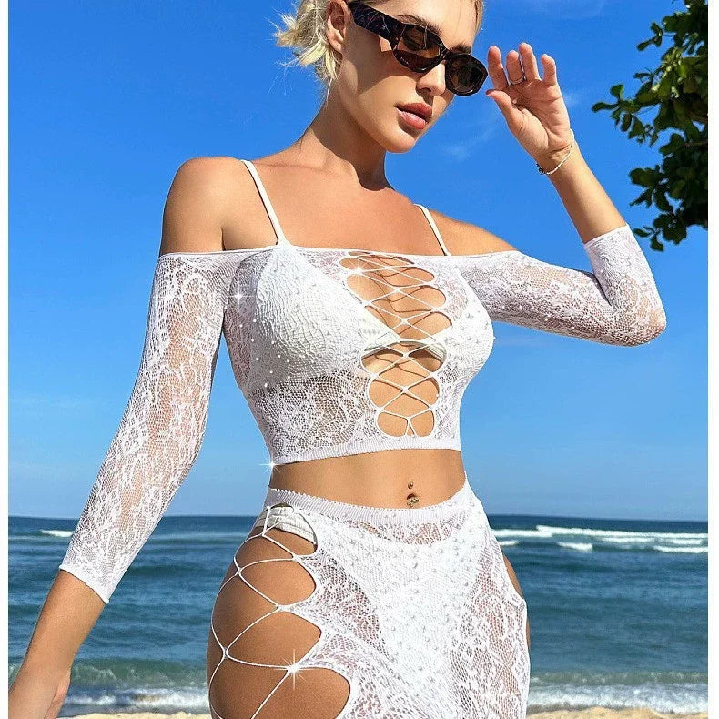 Fishnet Rhinestone Lingerie Femme Sexy Crotchless Stockings Full Body Mature Women Bling Sexy Erotic Lingerie Set