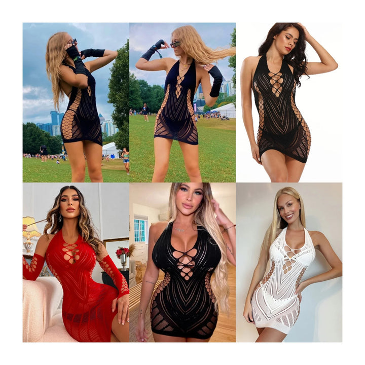 Ins Sexy Mesh Sheer Lingerie Women Wholesale Sexy Fishnet Bodystocking Black Erotic Cutout Camisole Teddy Dress  2024