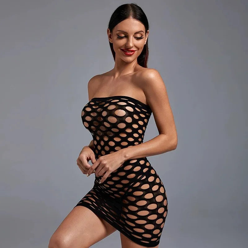 2025 Nylon Fishnet Lace up Lingerie Sexy Short Skirt Pajamas Lingerie Midi Woman Lingeries Sexy Party Outfits Sexy Club Dress