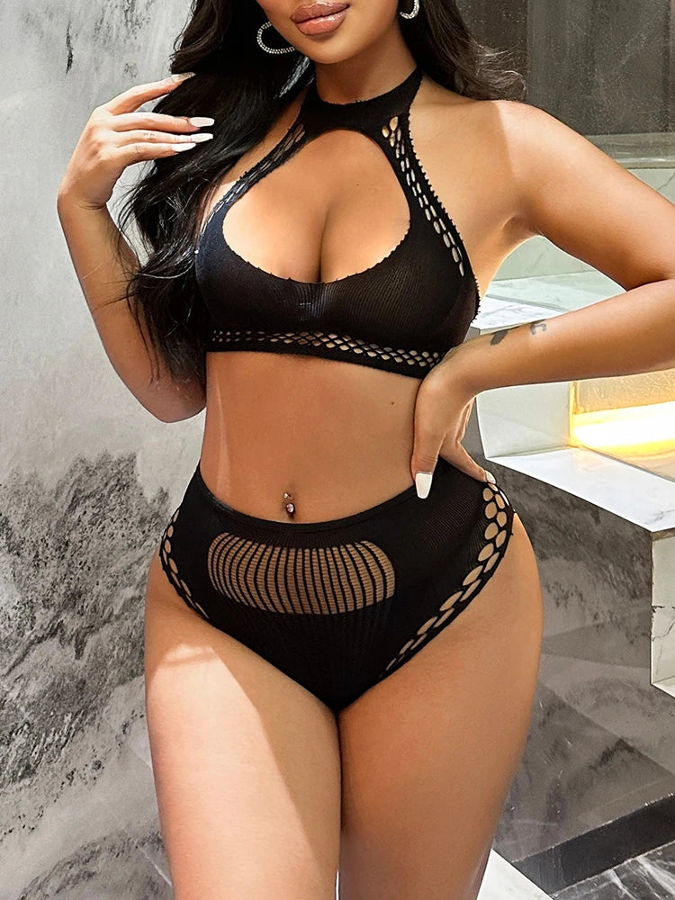 Womens Fishnet Lingerie Sexy Bra and Panty High Waist Sleepwear Two Piece Set Stripper Outfit Pajamas Sleepwear
