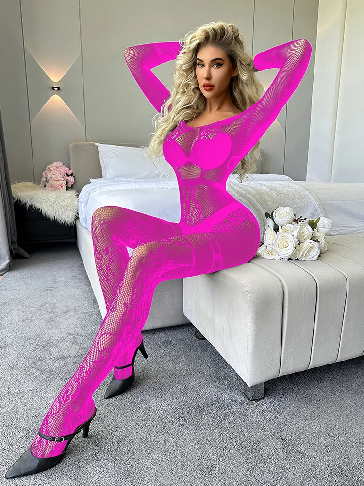 Women's Fishnet Full BodyStocking Sexy Long Sleeve Bodysuits Backless Design Lingerie One Piece Jumpsuit Underwear Nightwear
