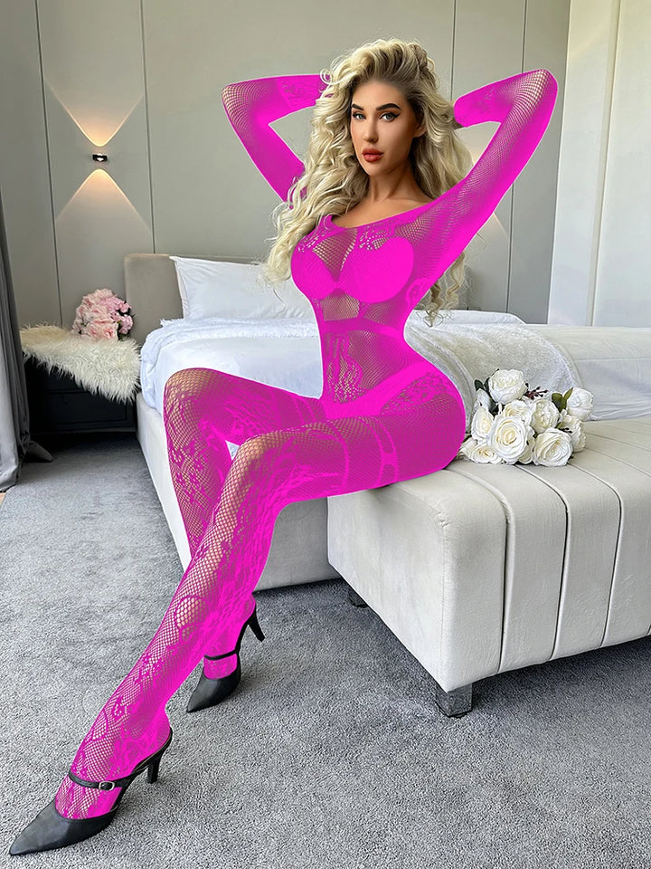 Women's Fishnet Full BodyStocking Sexy Long Sleeve Bodysuits Backless Design Lingerie One Piece Jumpsuit Underwear Nightwear