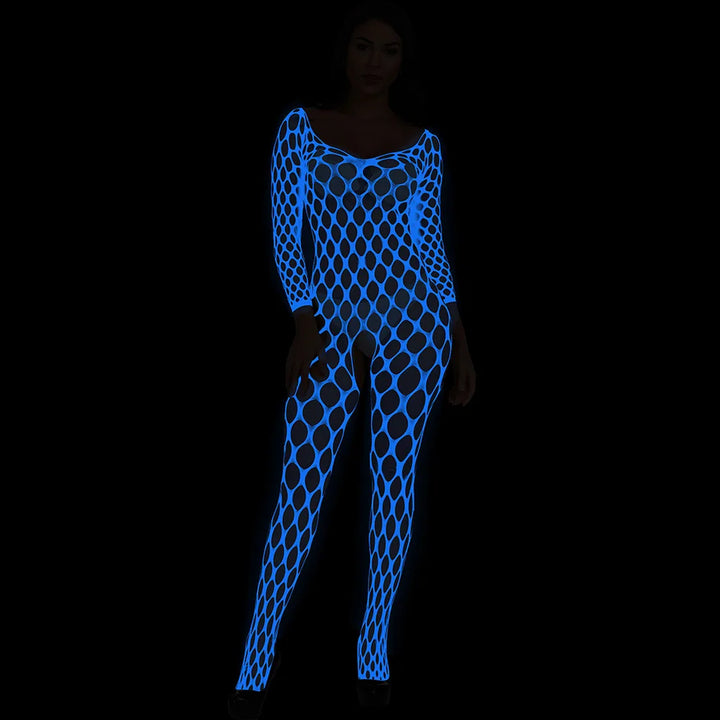 Luminous Fishnet Stockings Full Body Women Glow in Dark Lingerie Femme Sexy Crotchless Party Dancewear Bodystocking