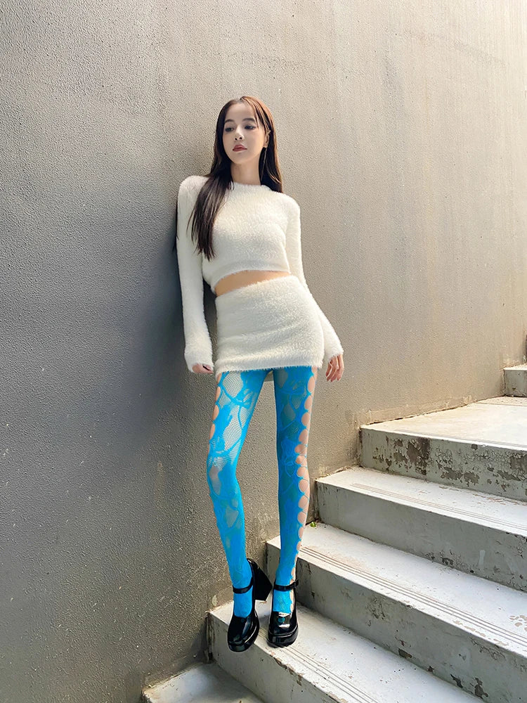 Medias De Rejilla Women's Club Party Pants Rainbow Color Mesh See Through Hollow Out Hole Leggings Pants Trousers Lady