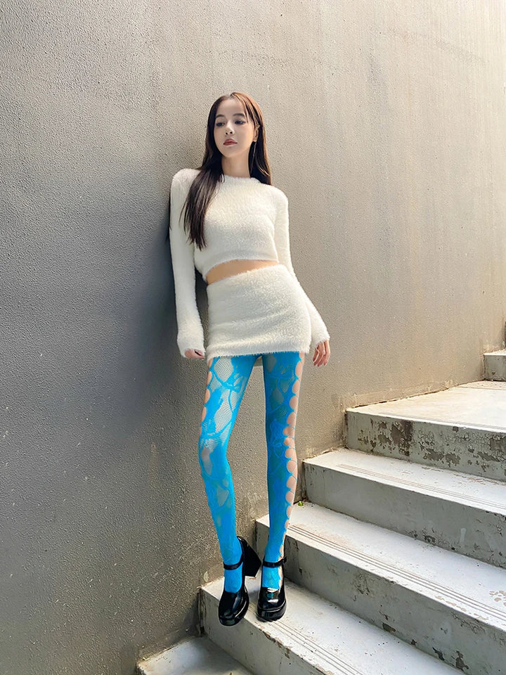 Medias De Rejilla Women's Club Party Pants Rainbow Color Mesh See Through Hollow Out Hole Leggings Pants Trousers Lady