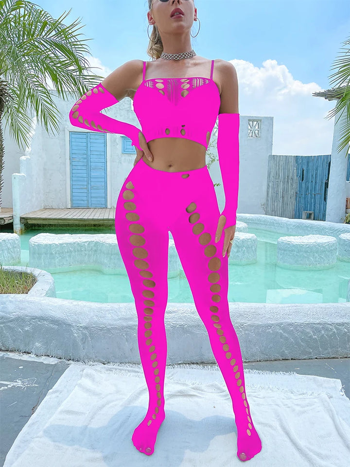 2024  Summer  Hawaiian Vacation  Beachwear Cuffs Halter Ups Thigh-high Pantyhose Set Big Hole Sheer Fishnet Body Stocking