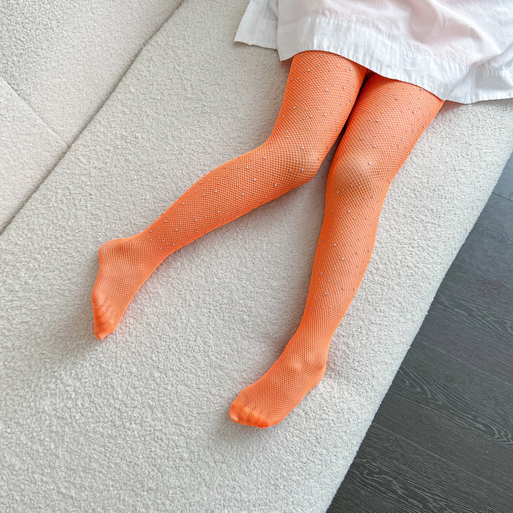 Small Weft Children's Rhinestone Fishnet Stockings White Diamond Shiny Litter Girls Pantyhose Tights Candy Color Socks