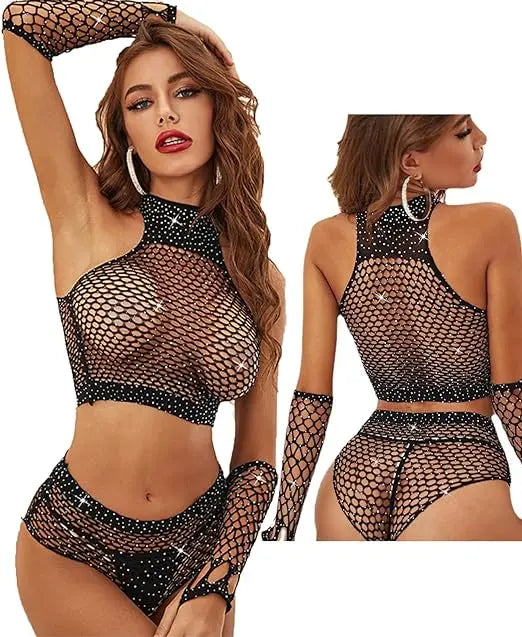 Mesh Bodystocking Glitter Women Erotic Black Red Sheer Sexy Rhinestones 3 Piece Bodysuit Sparkle Fishnet Lingerie Set