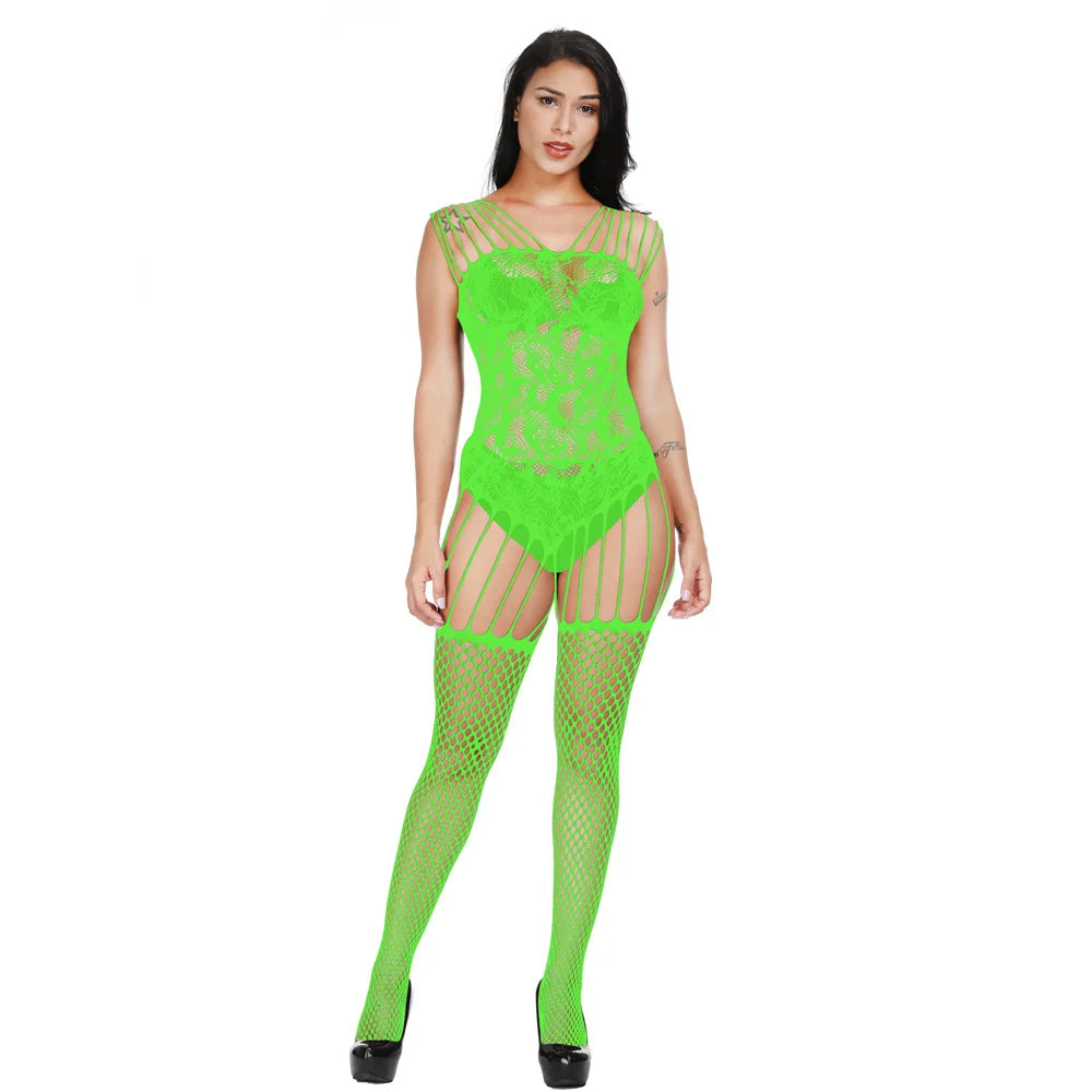 2025 Sexy Straps Crotchless Bodysuit Cutout Sexy Mesh Lingerie Womens Catsuit Open Crotch Pajama Plus Size Bodystocking