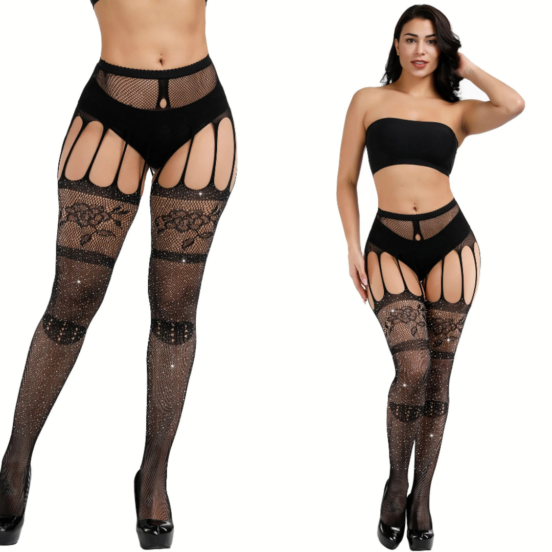 Rhinestone Bling Sexy Back Silk Lace Stockings Crotchless Fishnet Tights Garter Belt Attached Pantyhose Hosiery Nylon