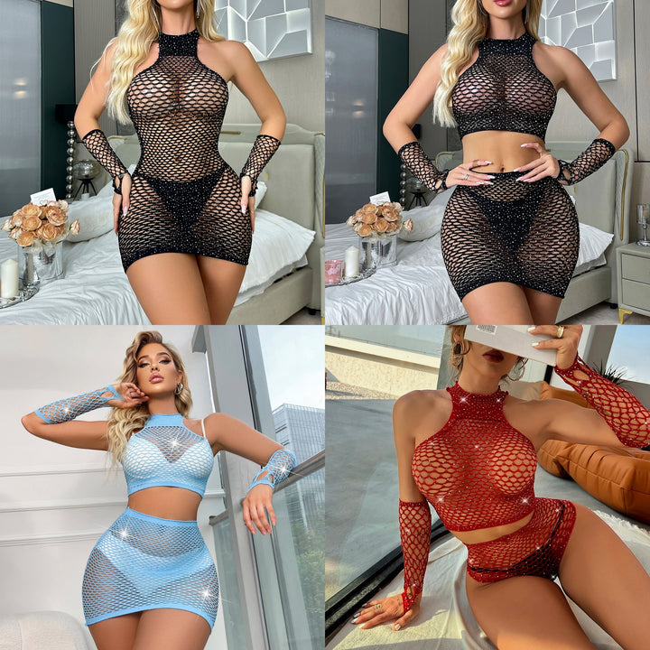 Crystal Rhinestone Body Stocking Lingerie Dress with Gloves Sexy Nightclub Rhinestone Stocking Womens Sexy Lingerie
