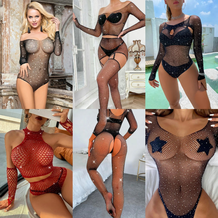 Honeymoon Muti-style Fishnet Jumpsuit Chemise Bling Rhinestone Stockings Lingerie Womens Sexy Crocthless Bodystocking